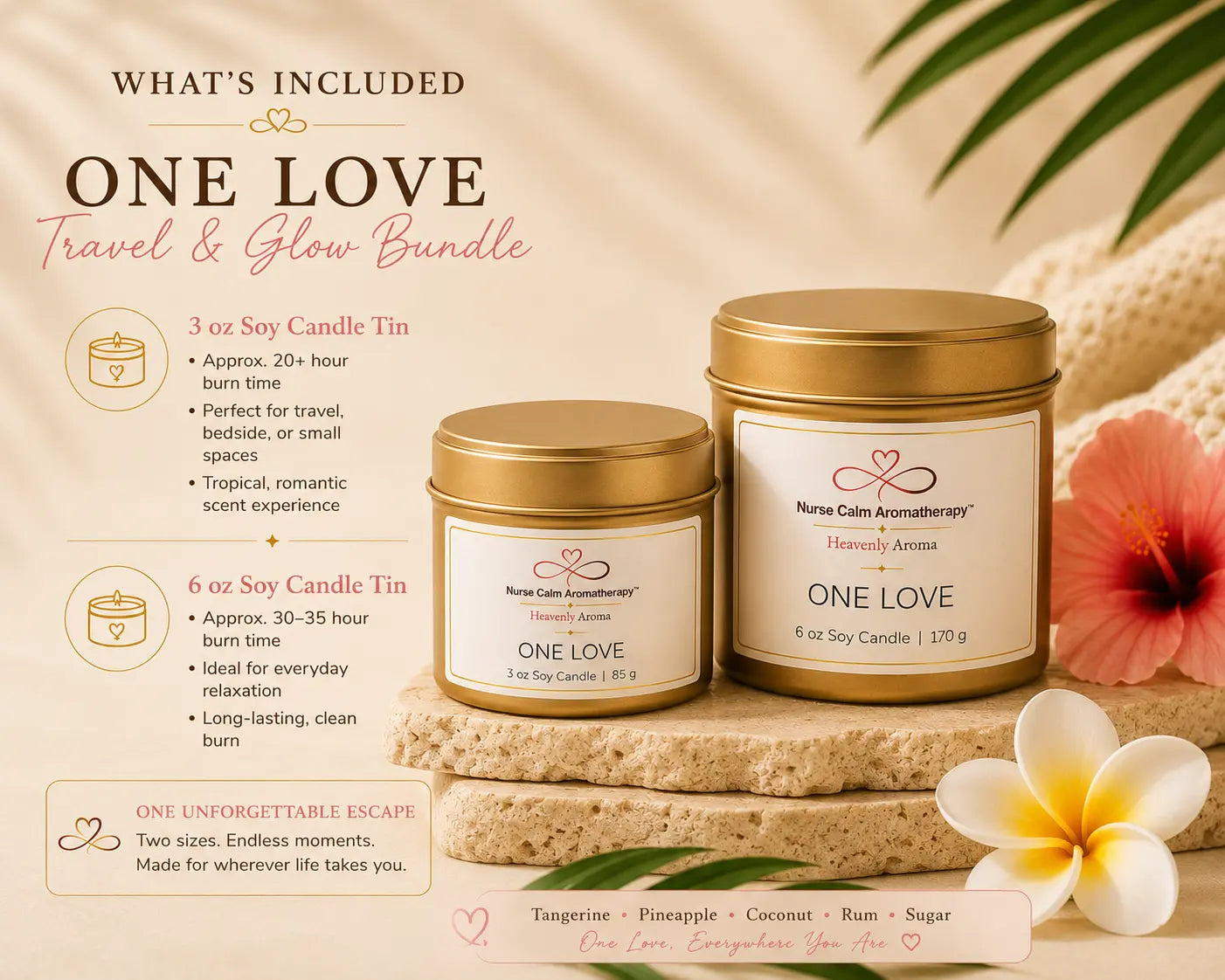 One Love Travel & Glow bundle contents featuring 3 oz and 6 oz soy candle tins with burn times, travel-friendly convenience, and handcrafted quality.