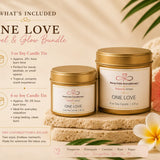 One Love Travel & Glow bundle contents featuring 3 oz and 6 oz soy candle tins with burn times, travel-friendly convenience, and handcrafted quality.
