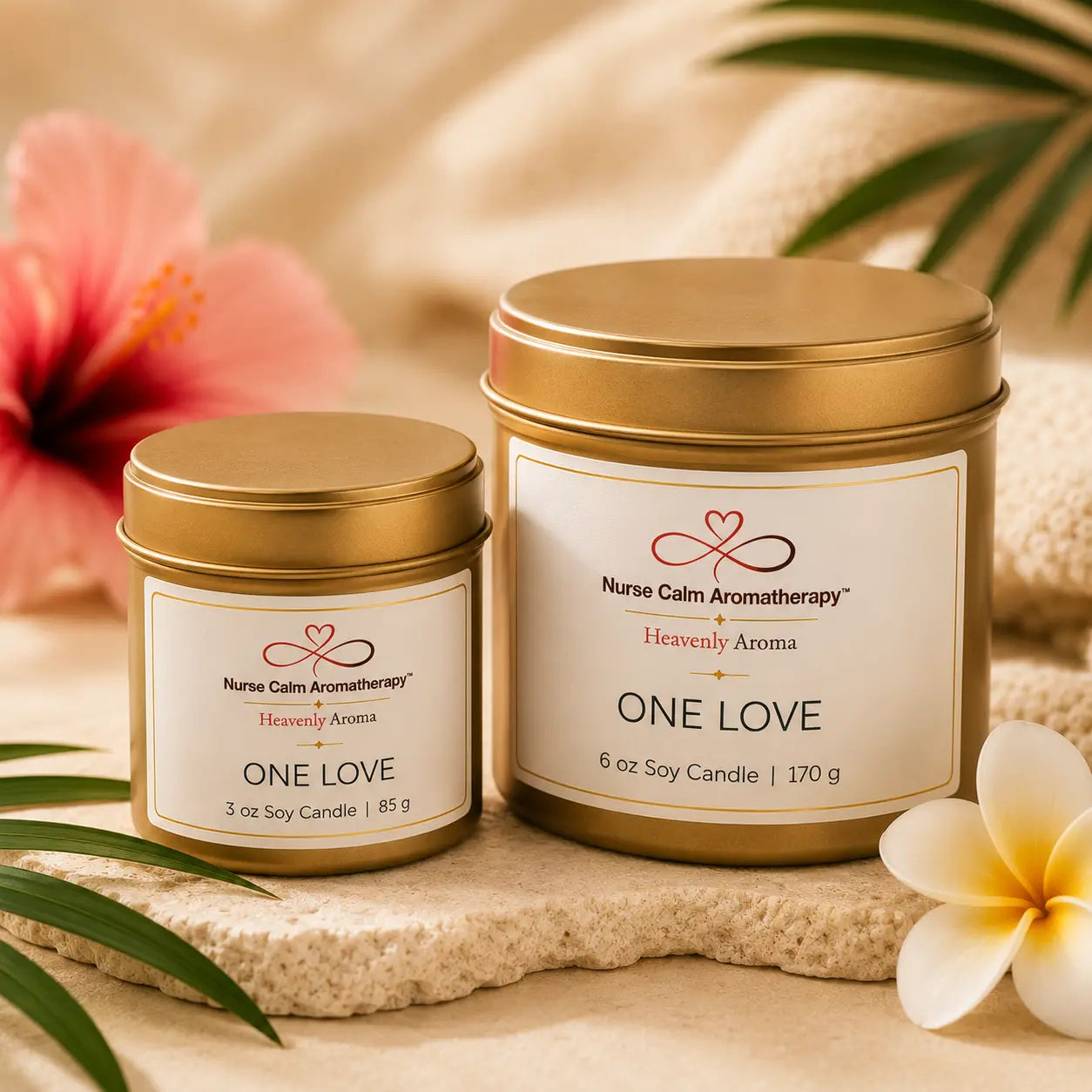 Close-up of the One Love Travel & Glow bundle highlighting reusable gold soy candle tins with tropical citrus, pineapple, coconut, rum, and sugar fragrance notes.
