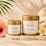 One Love Travel & Glow bundle featuring handcrafted 3 oz and 6 oz soy candle tins with tropical citrus fragrance by Nurse Calm Aromatherapy.