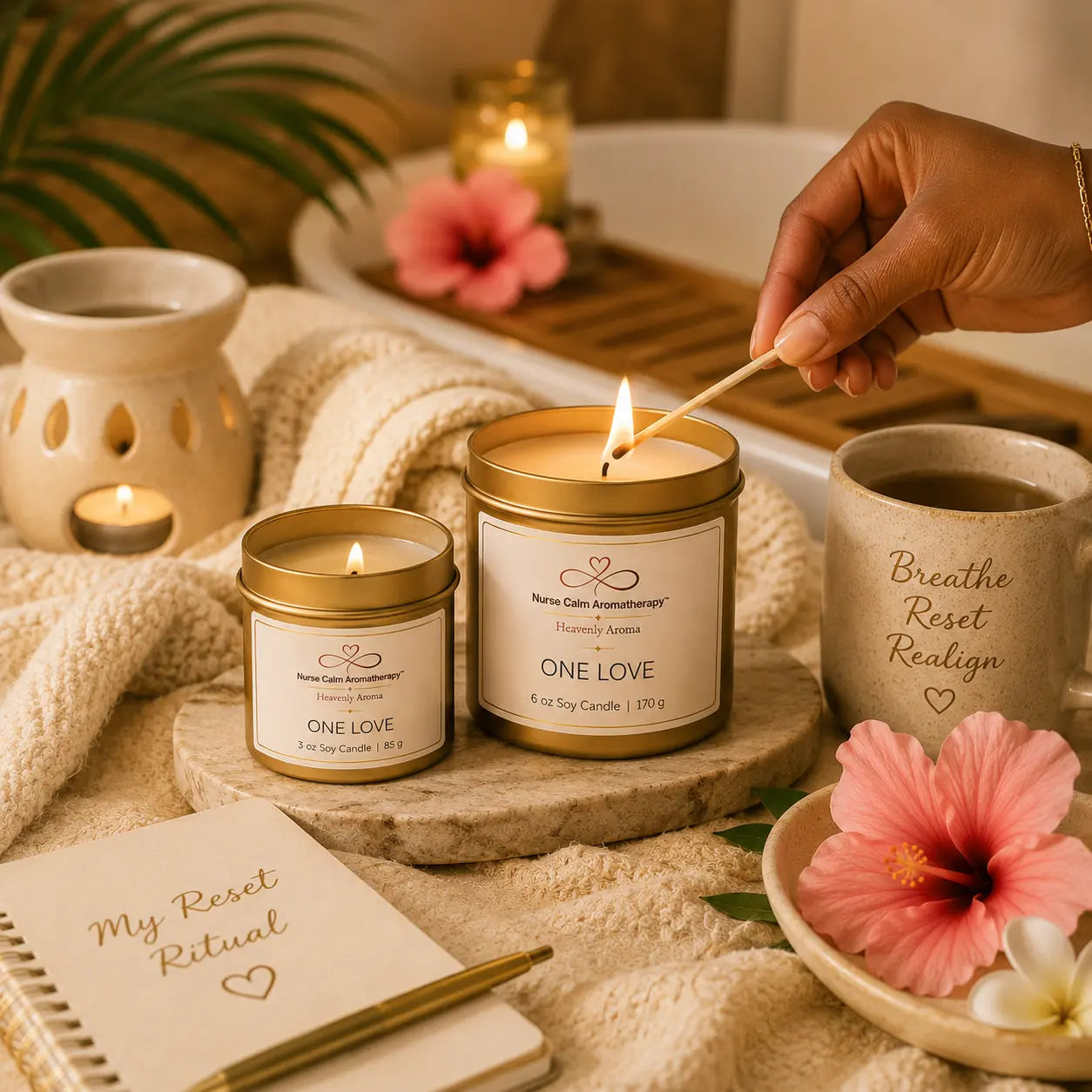 One Love Travel & Glow Signature Reset Ritual featuring travel-size soy candle tins creating peaceful moments of calm wherever your journey takes you.