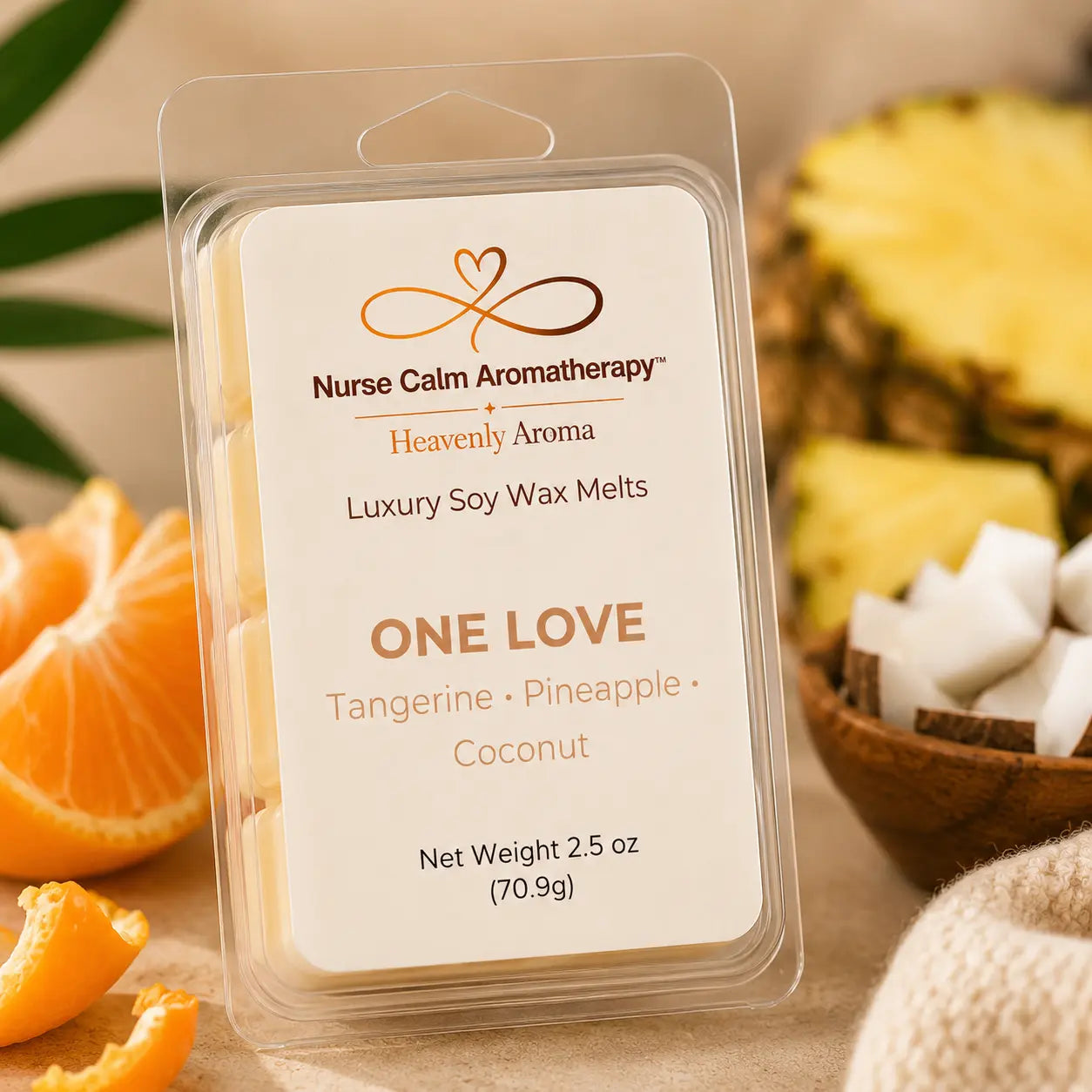 Close-up of One Love Luxury Soy Wax Melts highlighting handcrafted soy wax cubes and elegant premium packaging.