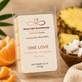 Close-up of One Love Luxury Soy Wax Melts highlighting handcrafted soy wax cubes and elegant premium packaging.