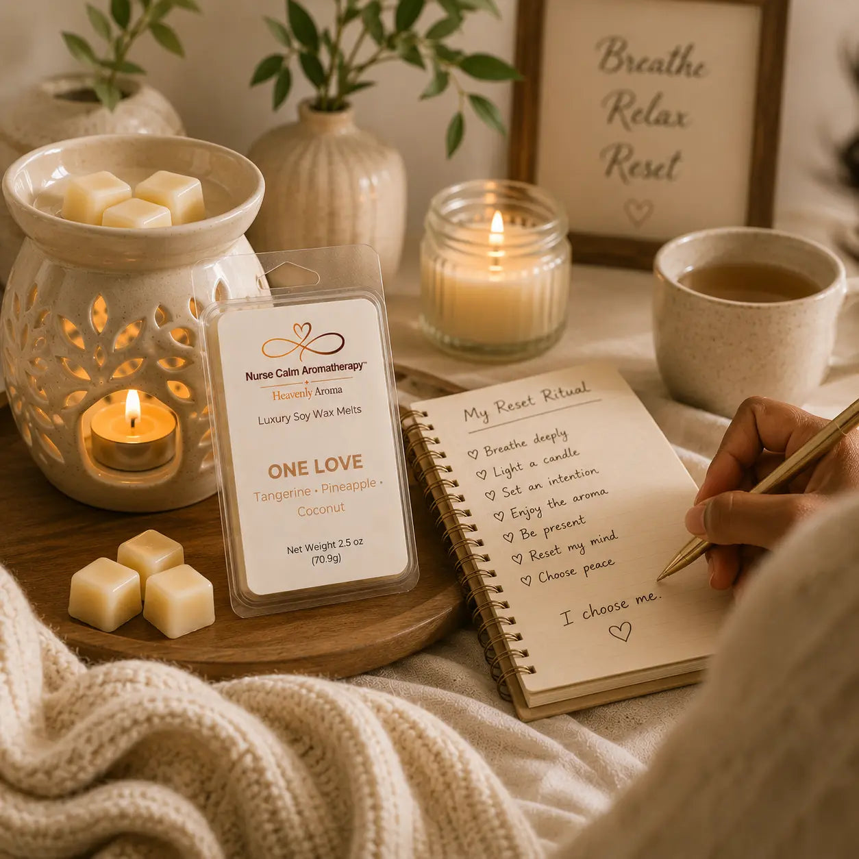 One Love Luxury Soy Wax Melts displayed during a calming Reset Ritual with journaling, candlelight, a ceramic wax warmer, and peaceful wellness décor.
