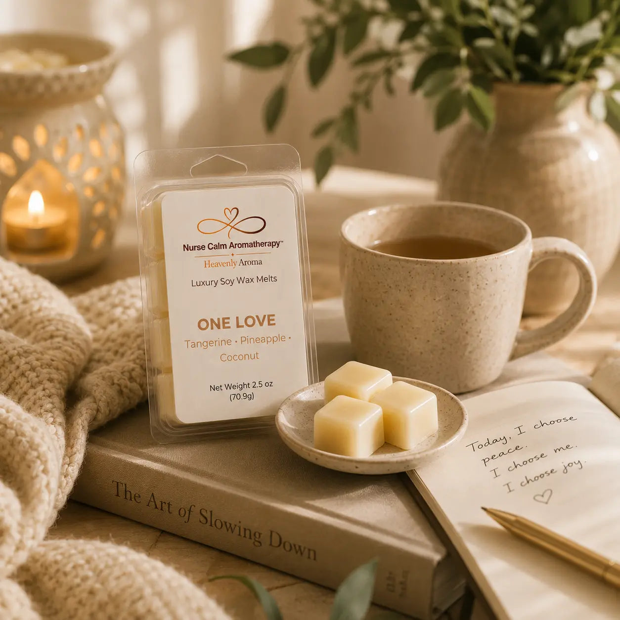 Warm wellness lifestyle featuring One Love Luxury Soy Wax Melts, cozy décor, soft lighting, and relaxing moments of self-care.