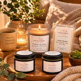 Candle and wax melts on a wooden tray with decorative elements