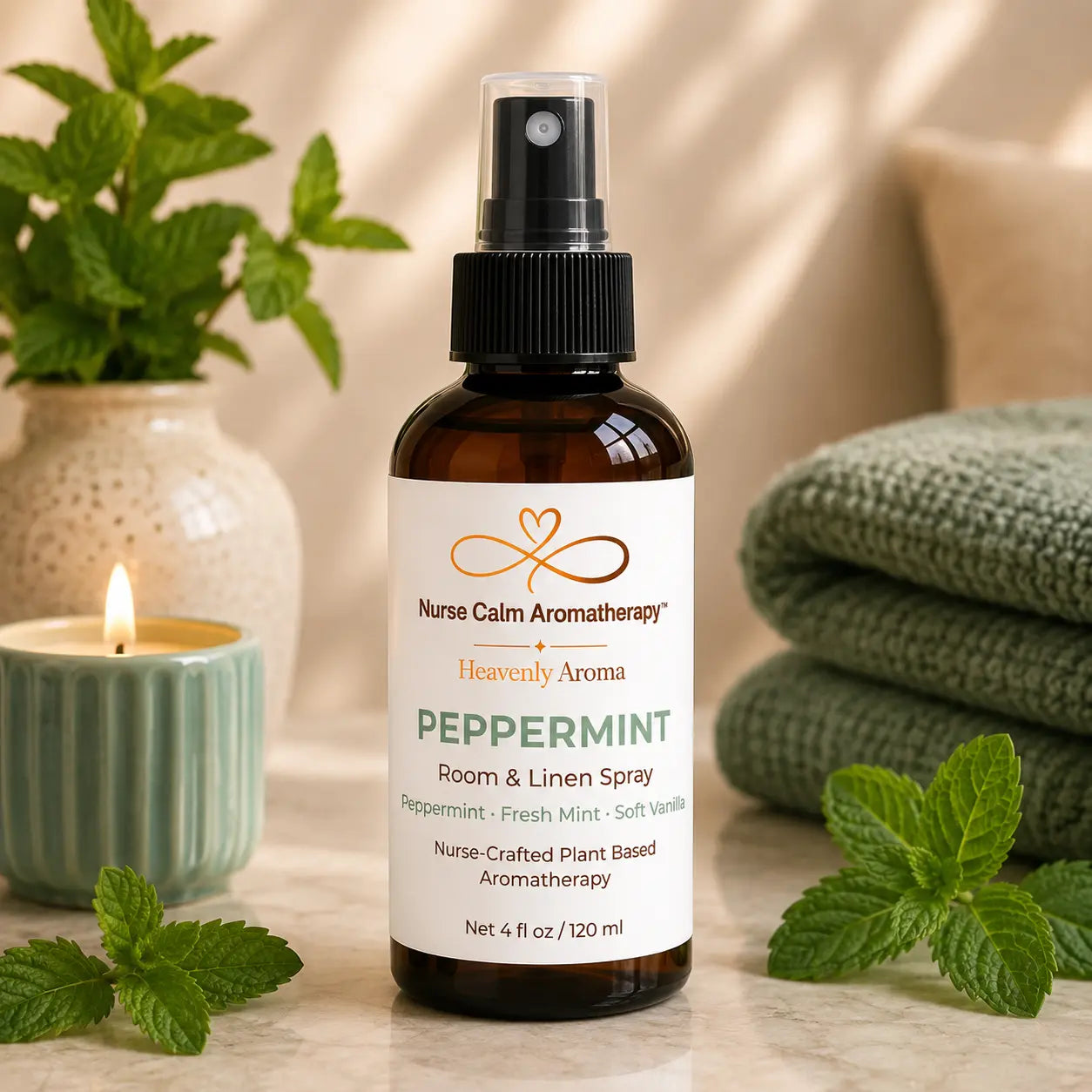 Peppermint Room & Linen Spray by Nurse Calm Aromatherapy™ featuring peppermint, fresh mint, and soft vanilla in a luxury spa setting.