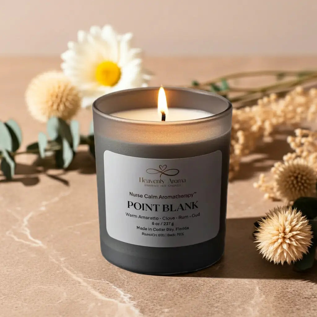 Candle labeled 'Point Blank' from Heavenly Aroma with flowers in the background