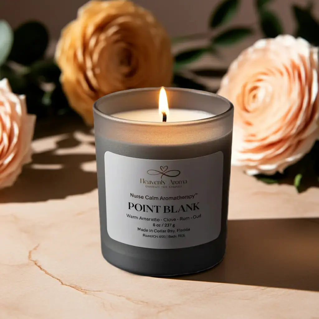 Candle labeled 'Point Blank' from 'Heavenly Aroma' with flowers in the background