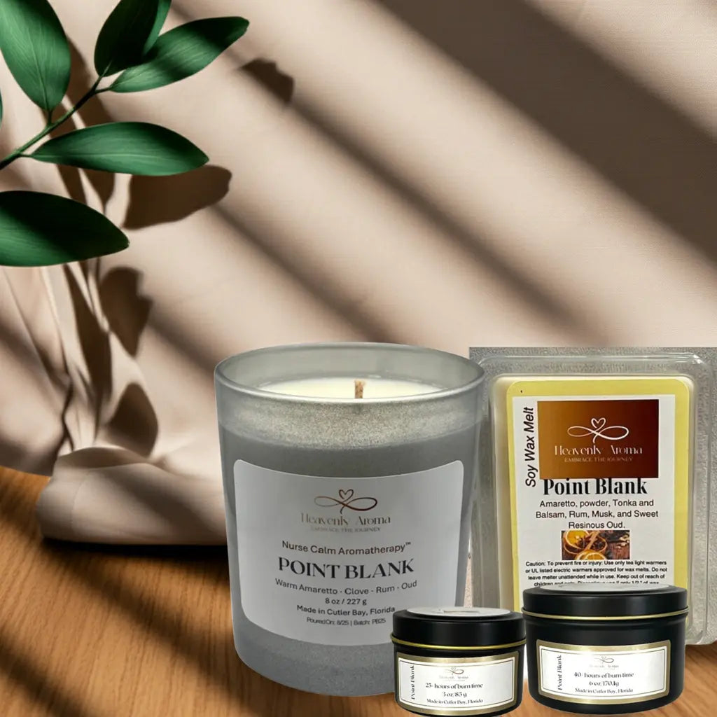 Candle and wax melts with labels on a wooden surface with a plant in the background