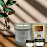 Candle and wax melts with labels on a wooden surface with a plant in the background