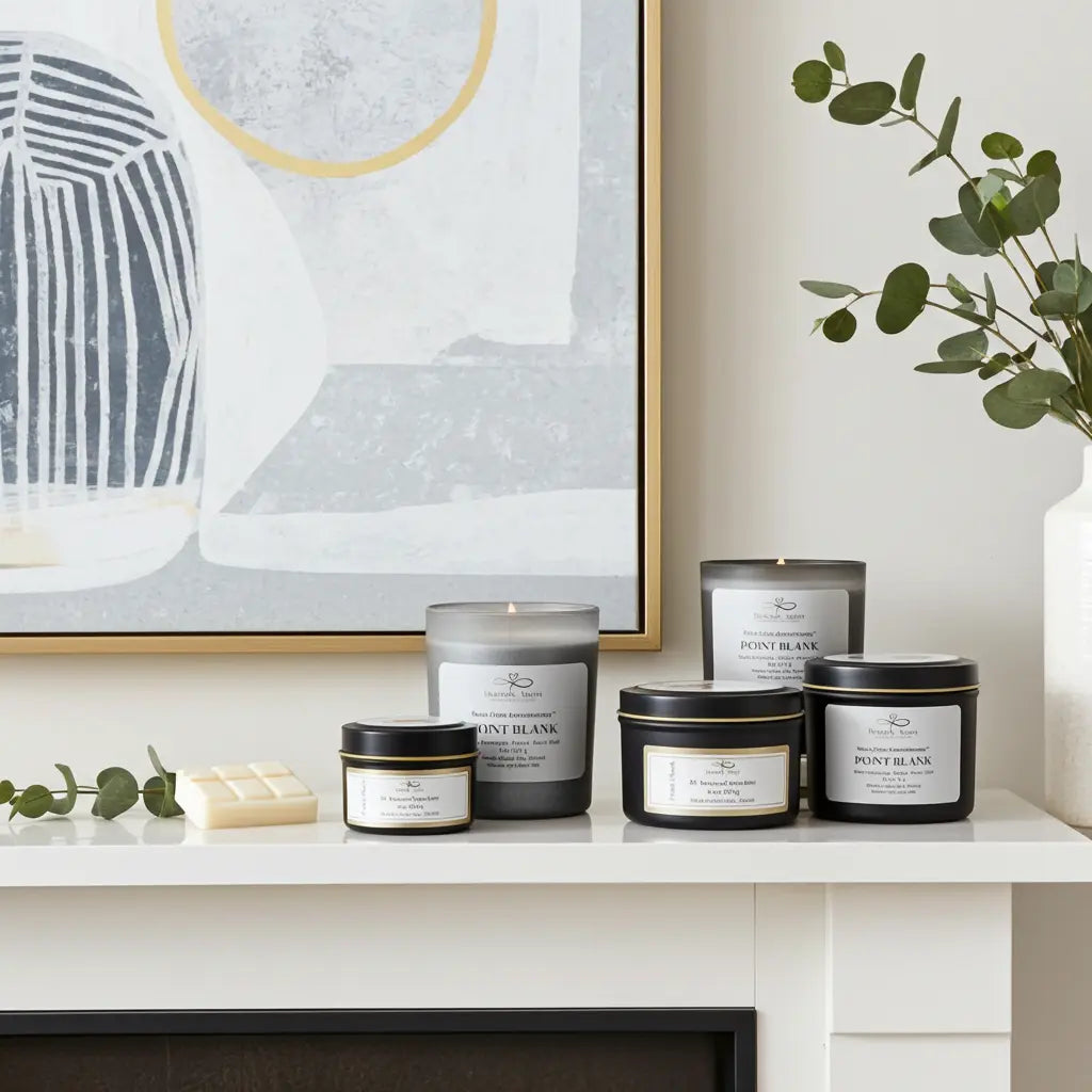 Five candles of different sizes on a shelf with a plant and abstract art in the background.