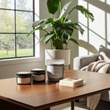 Candles and a plant on a wooden table in a bright room with large windows.