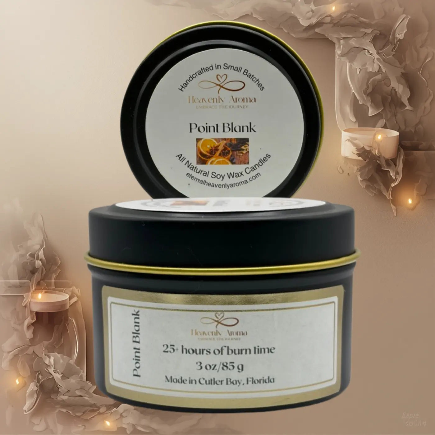 Candle jar with lid on a neutral background, featuring 'Heavenly Aroma' branding.