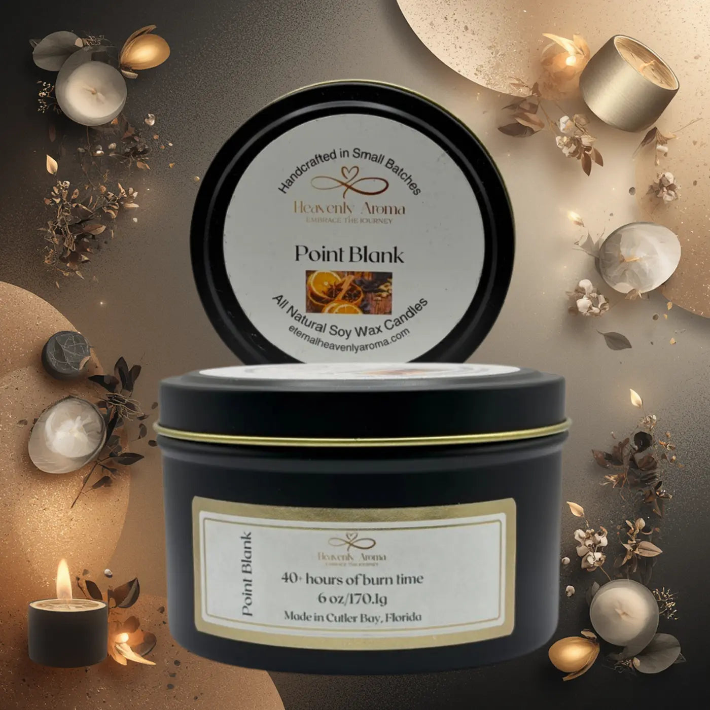 Black candle jar with 'Heavenly Aroma' label surrounded by decorative candles and elements on a warm-toned background.