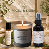 Aromatherapy products including a candle, roller bottle, and spray bottle with 'Heavenly Aroma' branding on a neutral background.