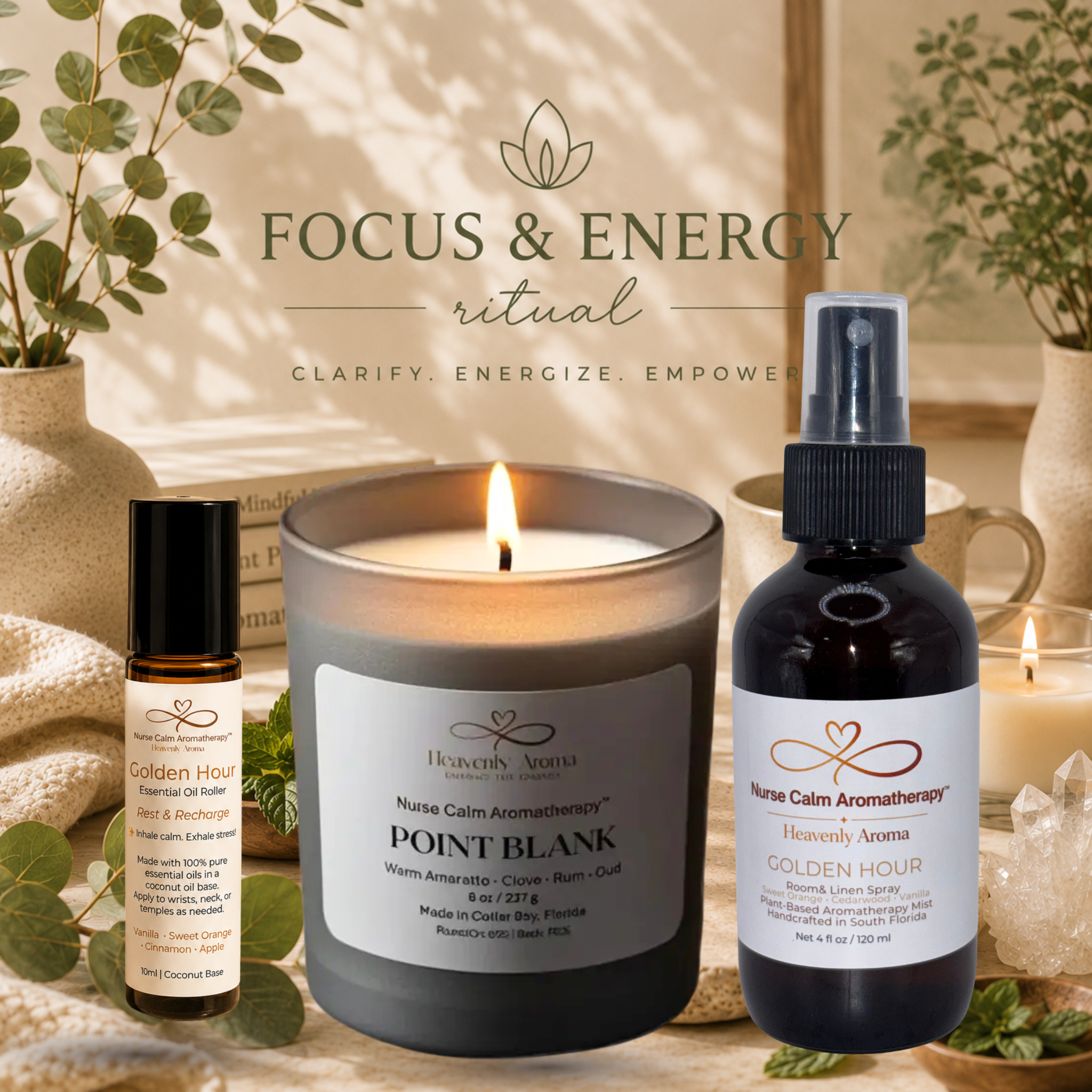 Aromatherapy products including a candle, roller bottle, and spray bottle with 'Heavenly Aroma' branding on a neutral background.