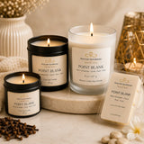 Close-up of the Point Blank Full Force Bundle showcasing the 8 oz candle, 6 oz travel candle, 3 oz travel candle, and wax melt with premium cream labels and handcrafted details.