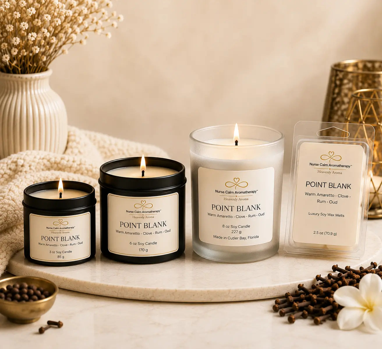 Point Blank Full Force Bundle featuring an 8 oz luxury soy candle, 6 oz travel candle, 3 oz travel candle, and 2.5 oz wax melt in a warm spa-inspired setting.