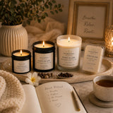 Point Blank Full Force Bundle arranged as part of a signature reset ritual featuring lit candles, a journal, warm tea, and peaceful surroundings to create a calming aromatherapy experience.