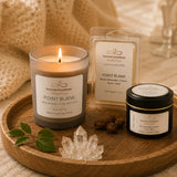 Point Blank Mini Power Set featuring an 8 oz luxury soy candle, 3 oz travel candle, and Point Blank wax melt in a warm spa-inspired setting.