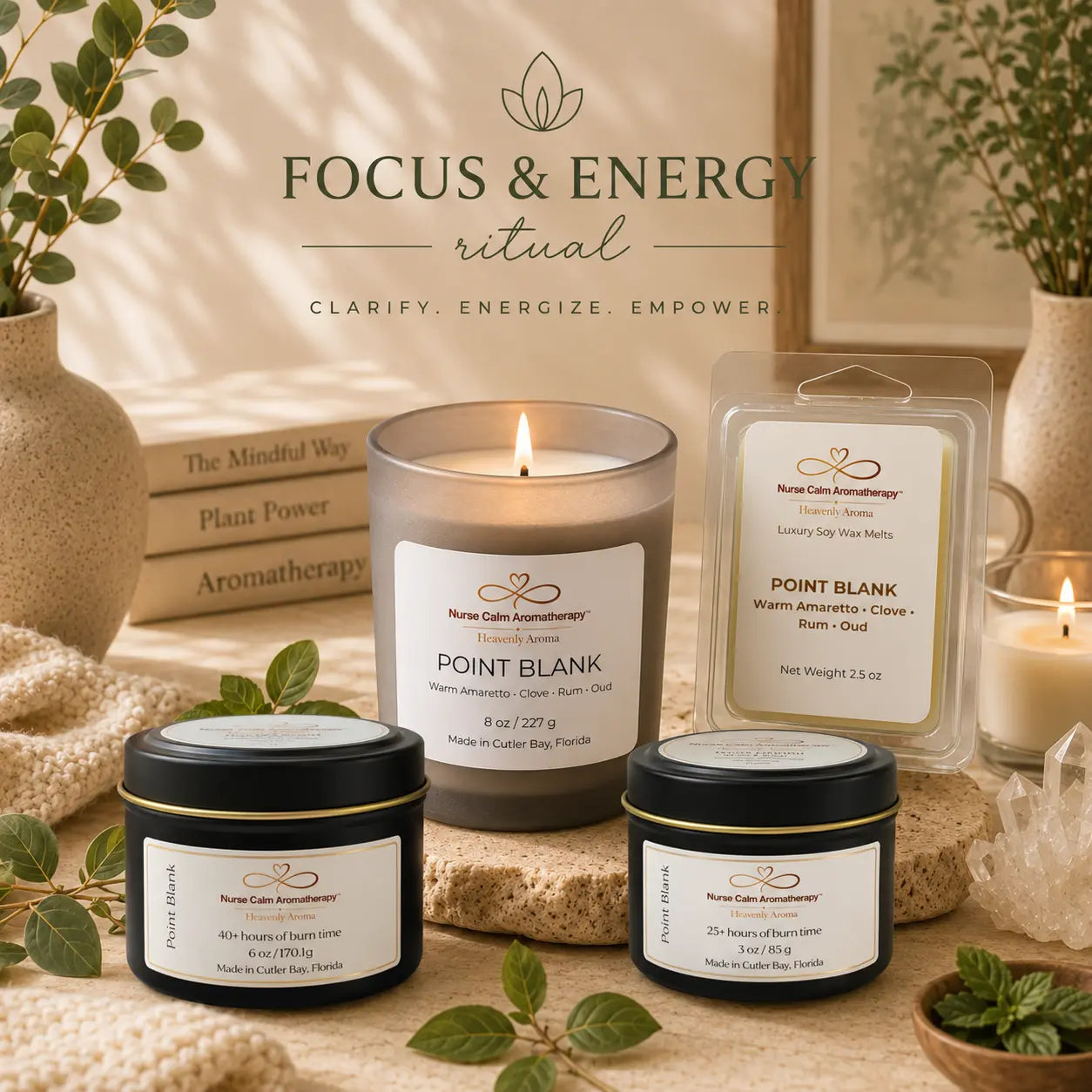 Aromatherapy products including candles and diffusers with 'Focus & Energy' theme on a wooden surface.