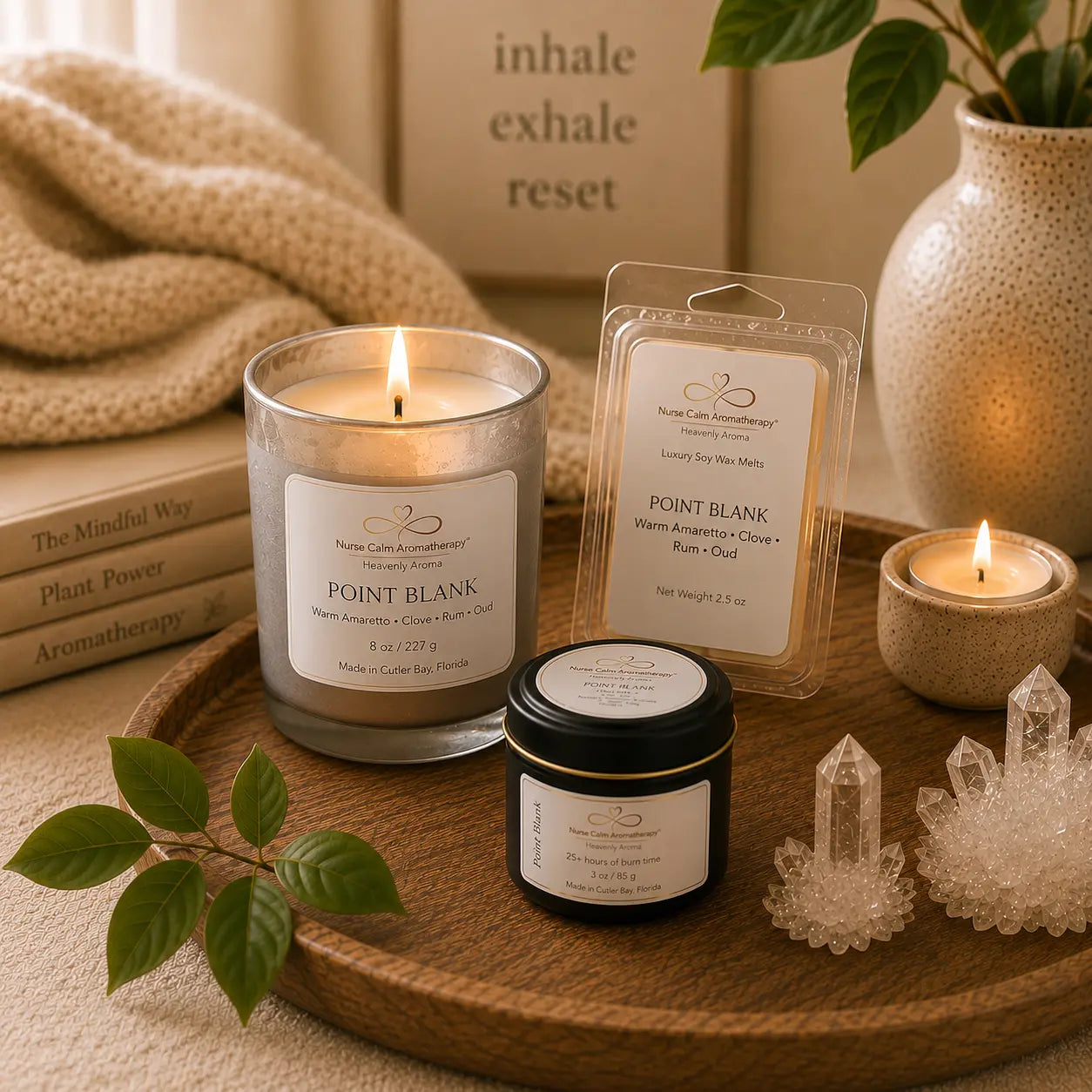 Point Blank Mini Power Set displayed during a peaceful reset ritual with candlelight, journal, tea, and calming aromatherapy essentials.