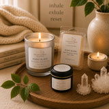 Point Blank Mini Power Set displayed during a peaceful reset ritual with candlelight, journal, tea, and calming aromatherapy essentials.