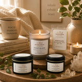 Candle and wax melts with 'Point Blank' branding on a wooden surface with plants and books.
