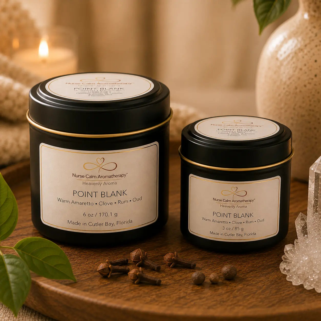 Close-up of the Point Blank Travel & Glow Duo highlighting premium black travel candle tins, clean labels, and handcrafted details.