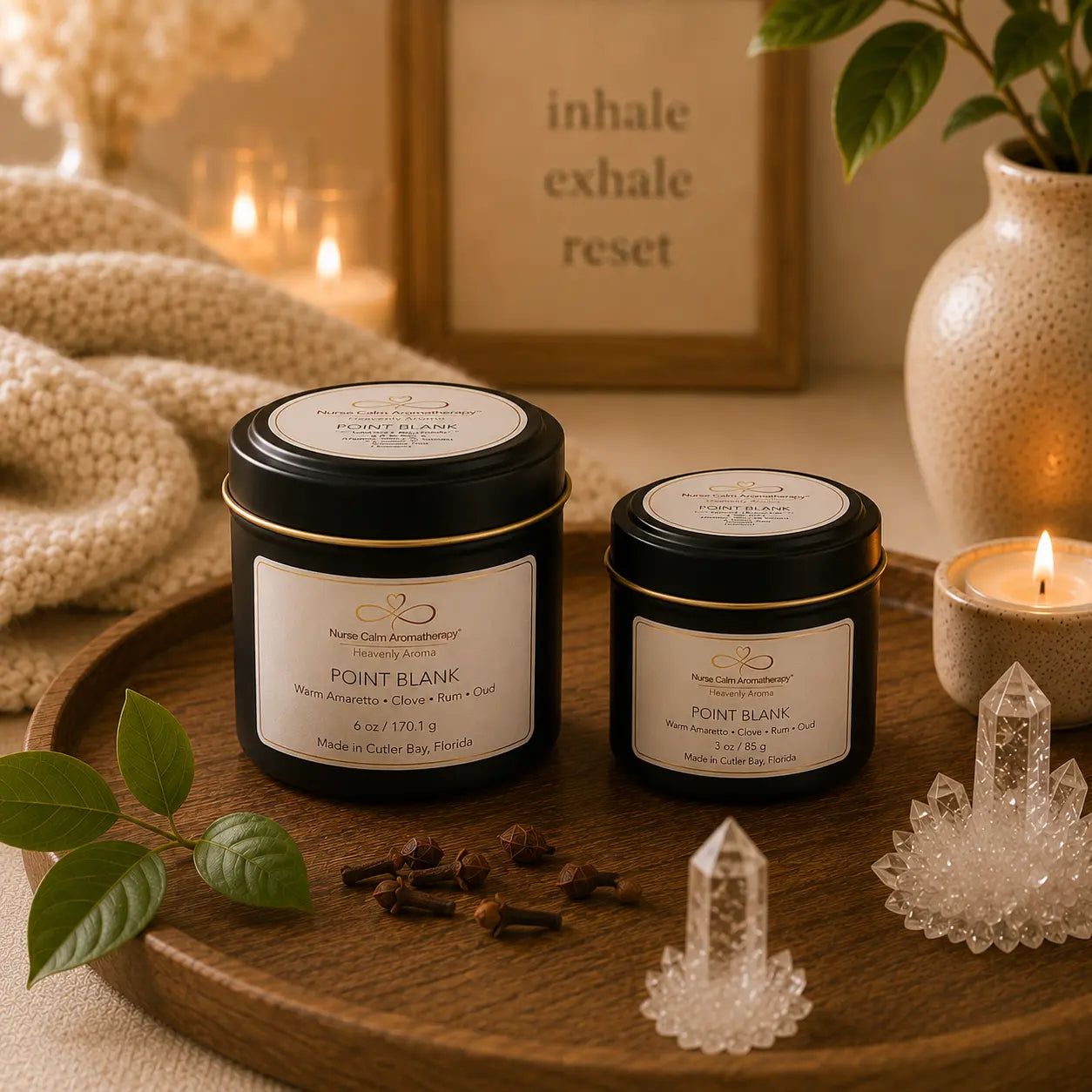 Point Blank Travel & Glow Duo featuring 3 oz and 6 oz luxury soy travel candles in elegant black tins with cream labels.