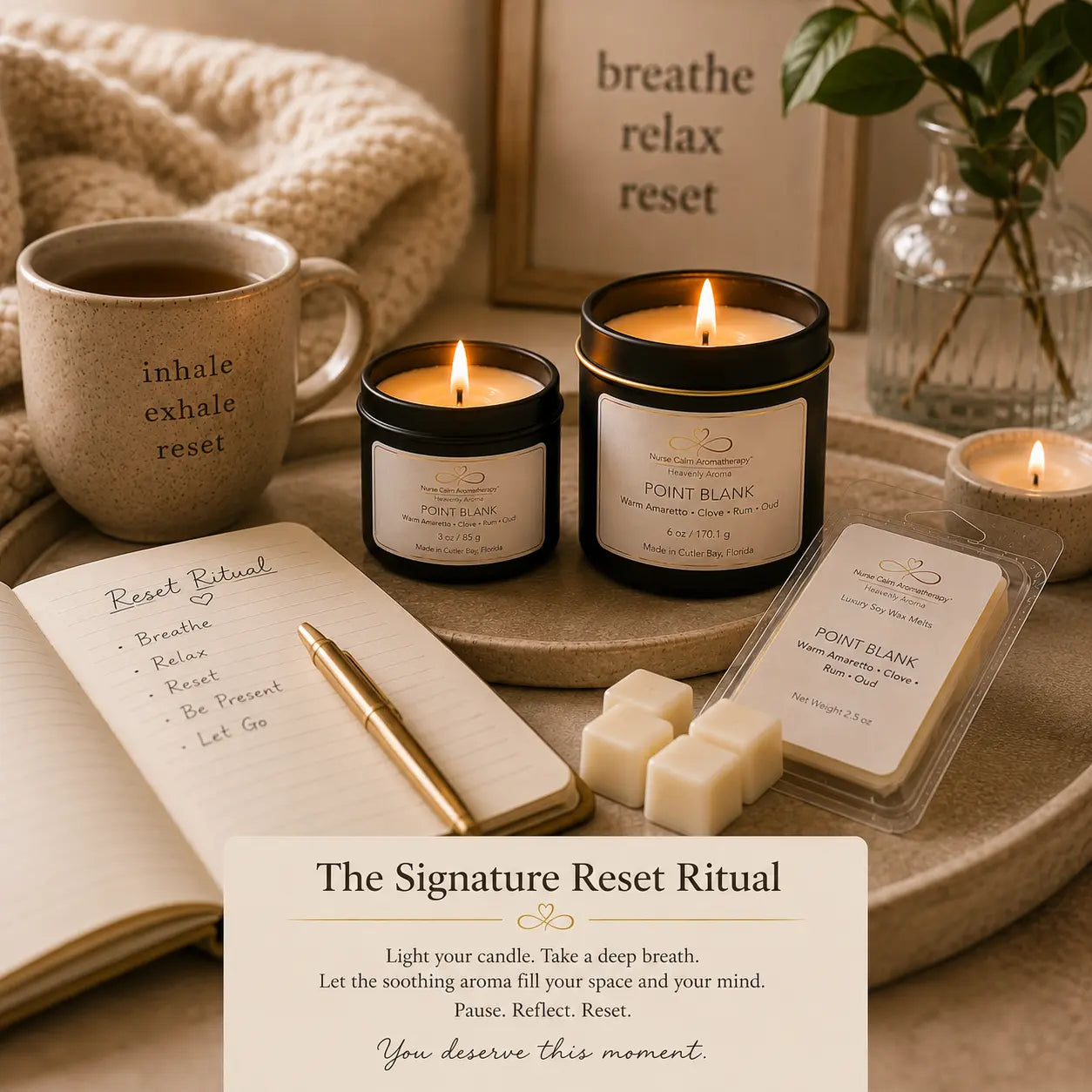 Point Blank Travel & Glow Duo styled in a cozy self-care setting with tea, journal, and calming décor for everyday relaxation.