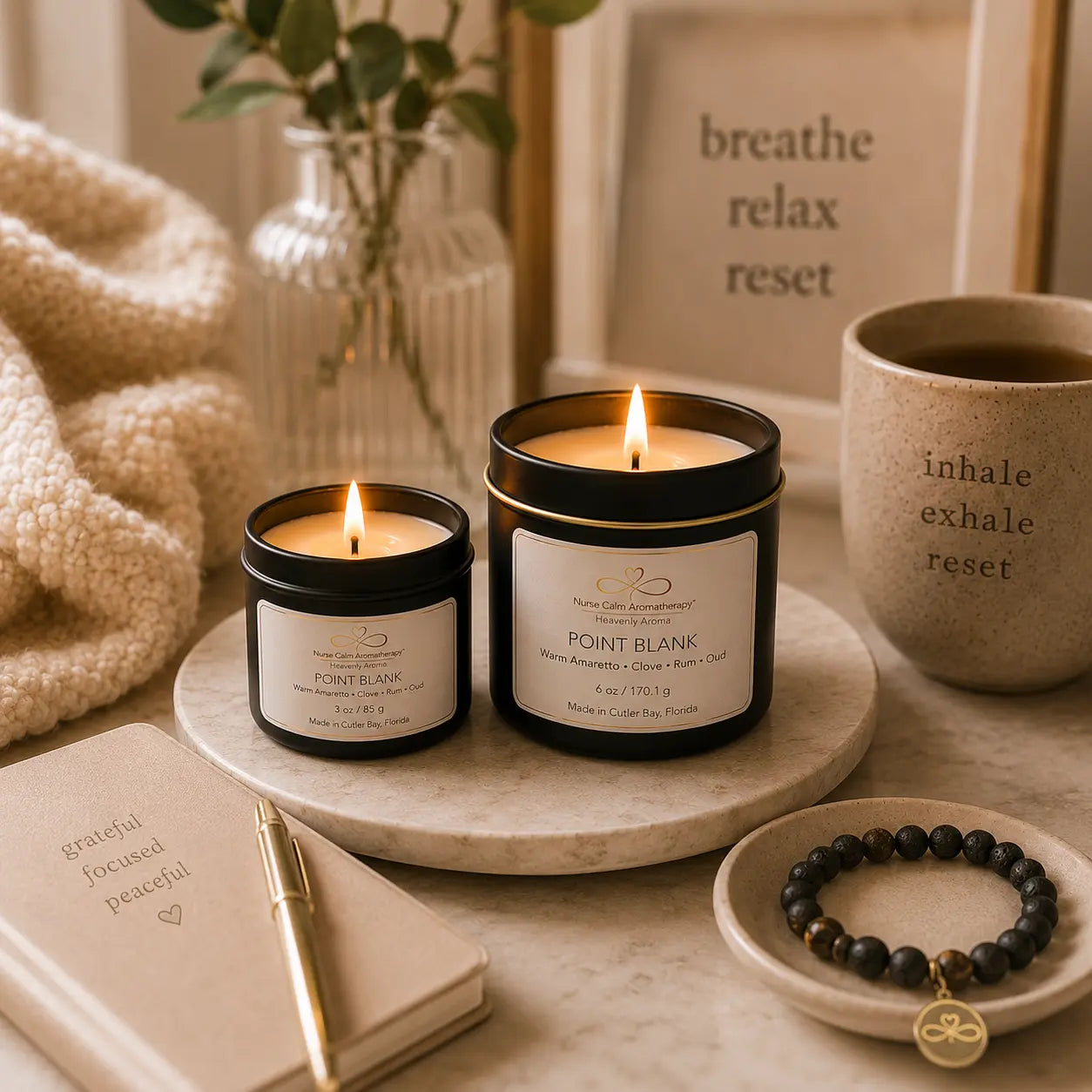 Point Blank Travel & Glow Duo incorporated into a mindful reset ritual with lit candles, warm tea, journaling, and peaceful surroundings.