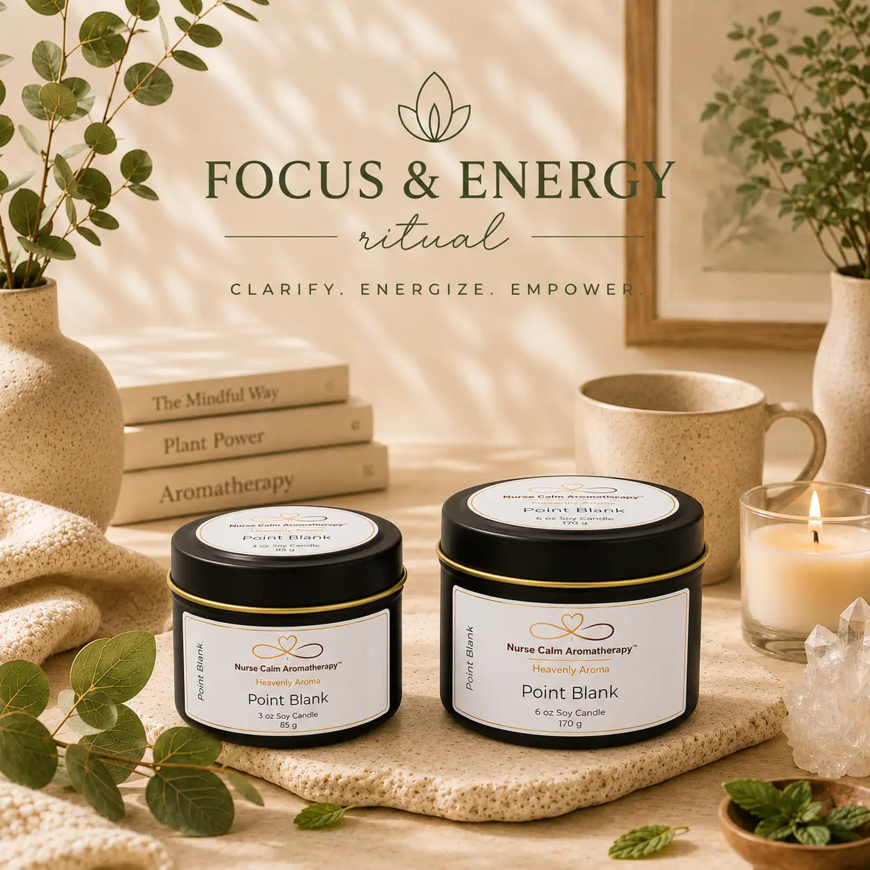 Two candles labeled 'Point Blank' on a table with plants and books in the background, featuring the text 'Focus & Energy ritual'.