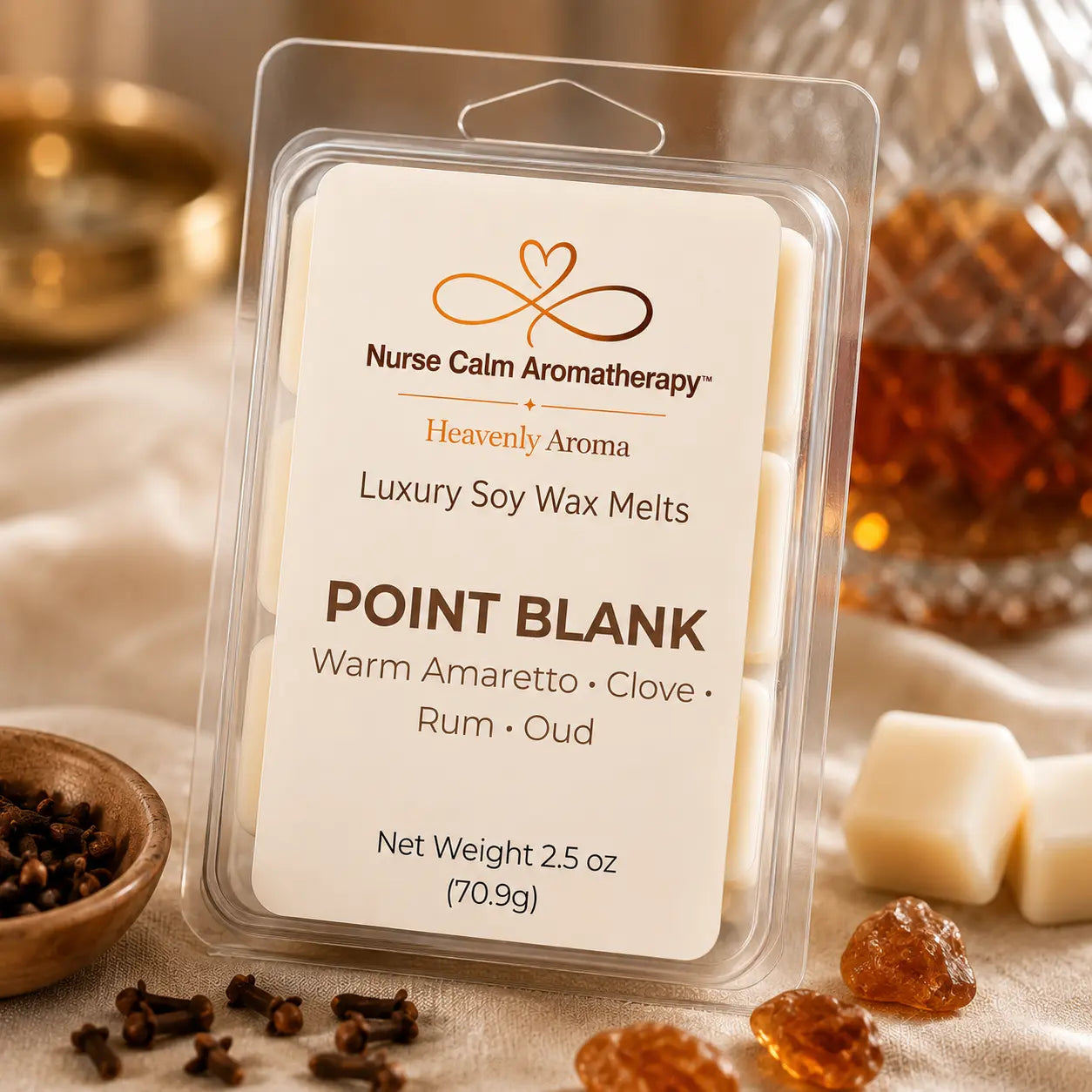 Close-up of Point Blank Luxury Soy Wax Melts showcasing handcrafted soy wax cubes and elegant premium packaging inspired by rich masculine fragrance.
