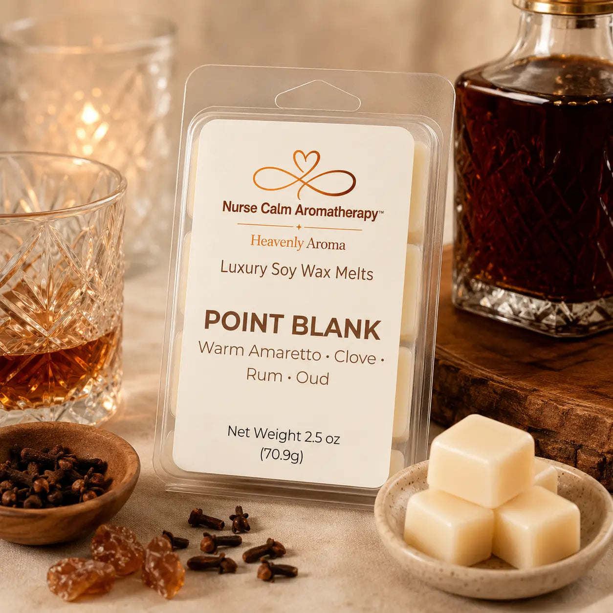 Point Blank Luxury Soy Wax Melts by Nurse Calm Aromatherapy featuring warm amaretto, clove, rum, and oud fragrance notes in premium clamshell packaging.