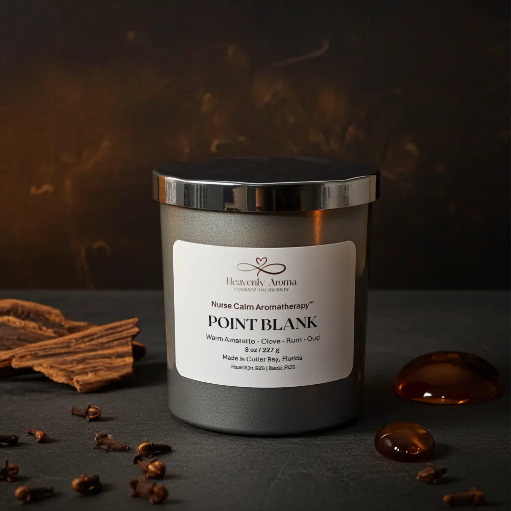 Candle labeled 'Point Blank' from Heavenly Aroma on a dark surface with cinnamon sticks and spices.