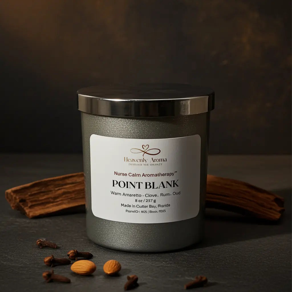 Candle with a label on a dark surface with cinnamon sticks and almonds