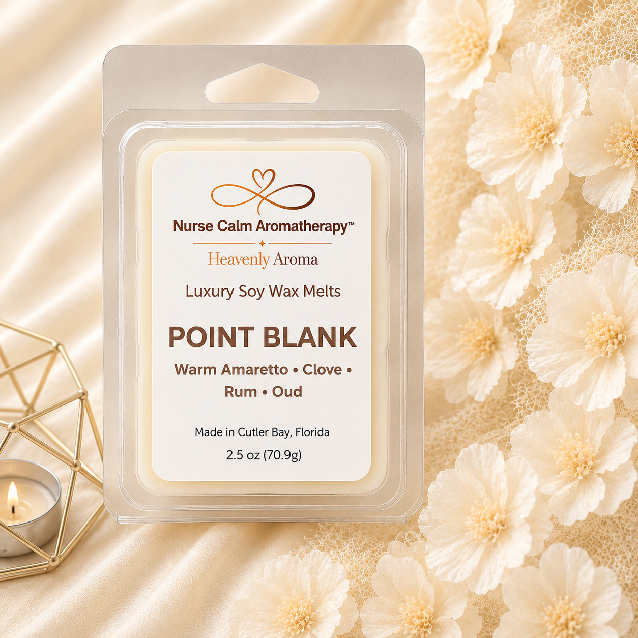 Nurse Calm Aromatherapy wax melt packaging with flowers and candle in the background