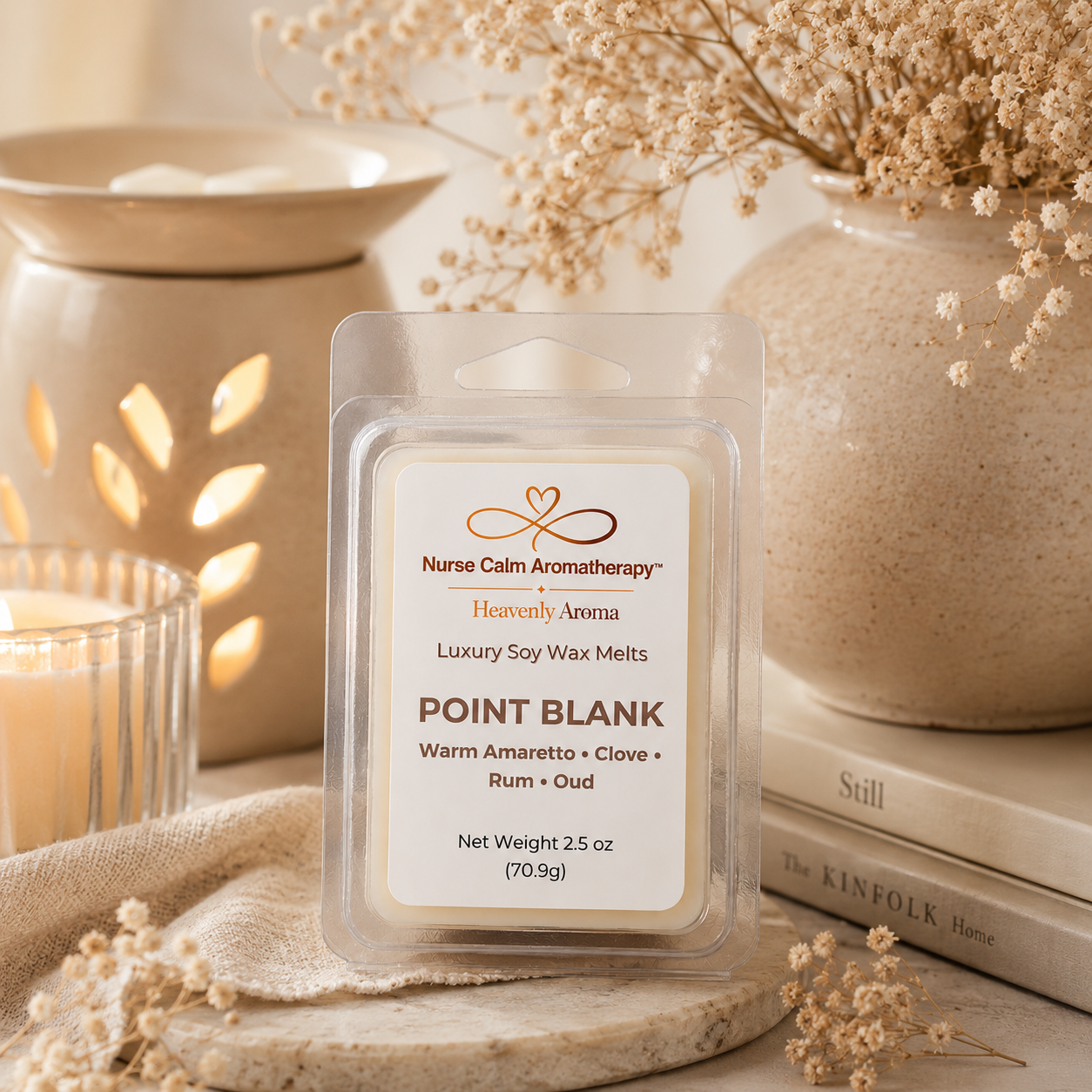 Nurse Calm Aromatherapy wax melt packaging with a warm, homey background.