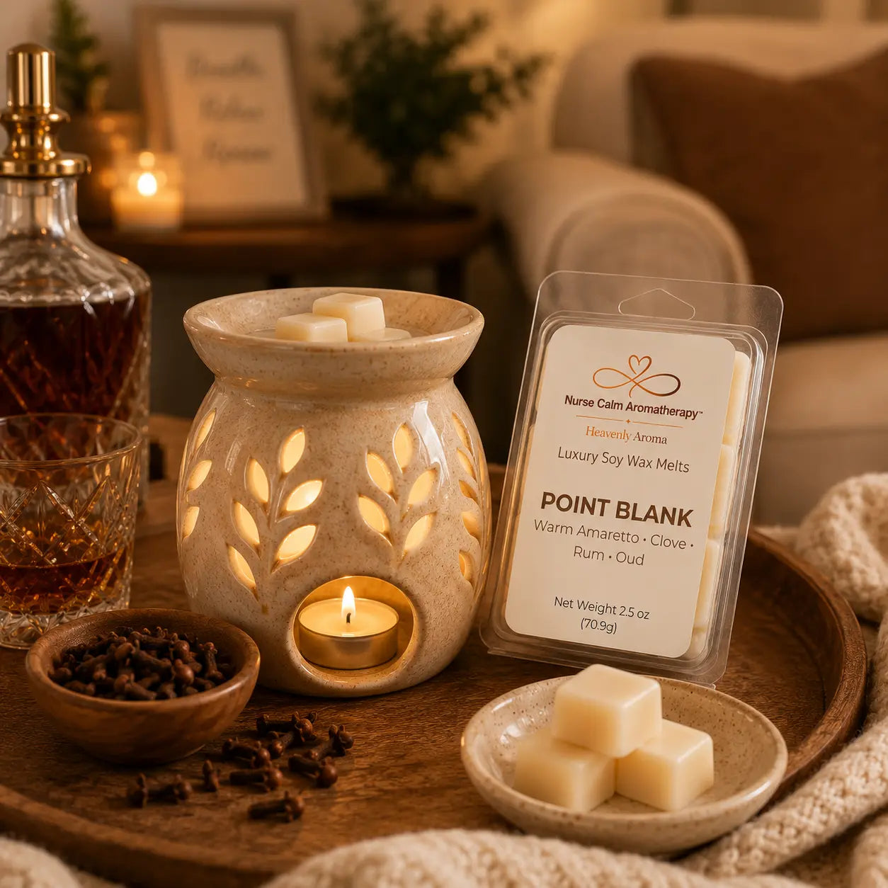 Point Blank Luxury Soy Wax Melts melting in a ceramic wax warmer, creating a sophisticated home atmosphere with warm amaretto, clove, rum, and oud fragrance.