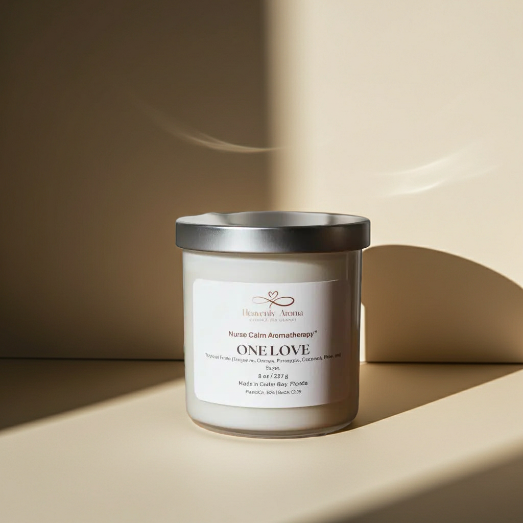 Candle labeled 'One Love' with a silver lid on a beige background