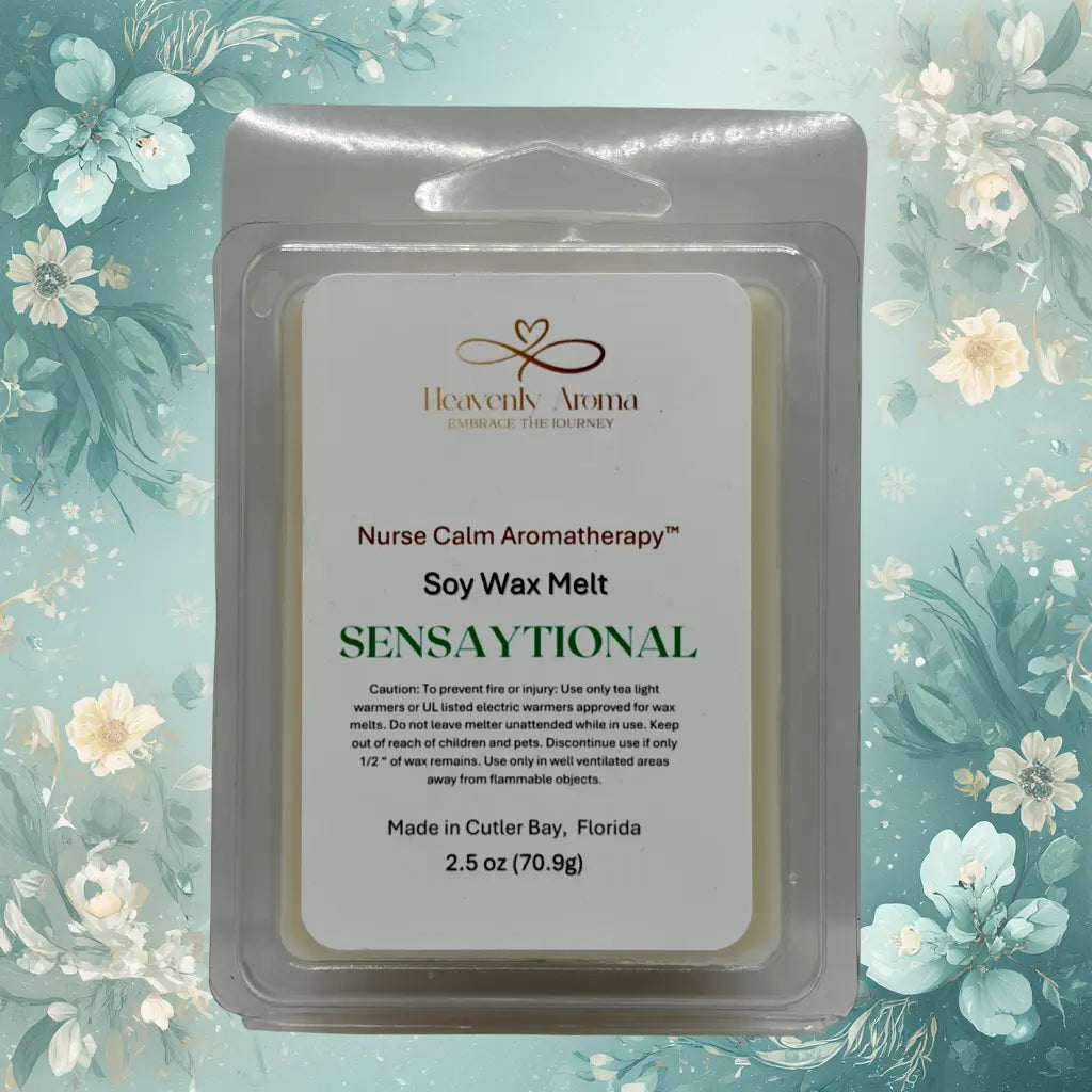 Soy wax melt package with 'Heavenly Aroma' branding on a floral background