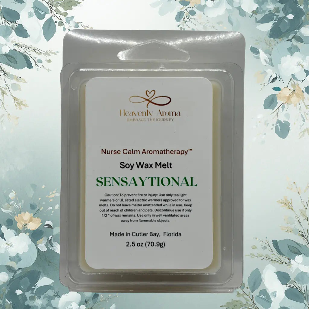 Soy wax melt package with 'Heavenly Aroma' branding on a floral background
