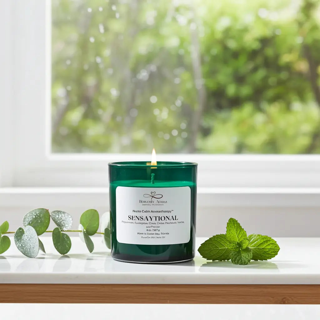 Green candle labeled 'Sensational' on a windowsill with greenery