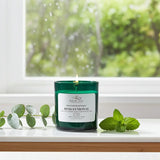 Green candle labeled 'Sensational' on a windowsill with greenery
