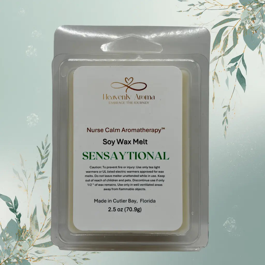 Soy wax melt package with 'Heavenly Aroma' branding on a light green background.