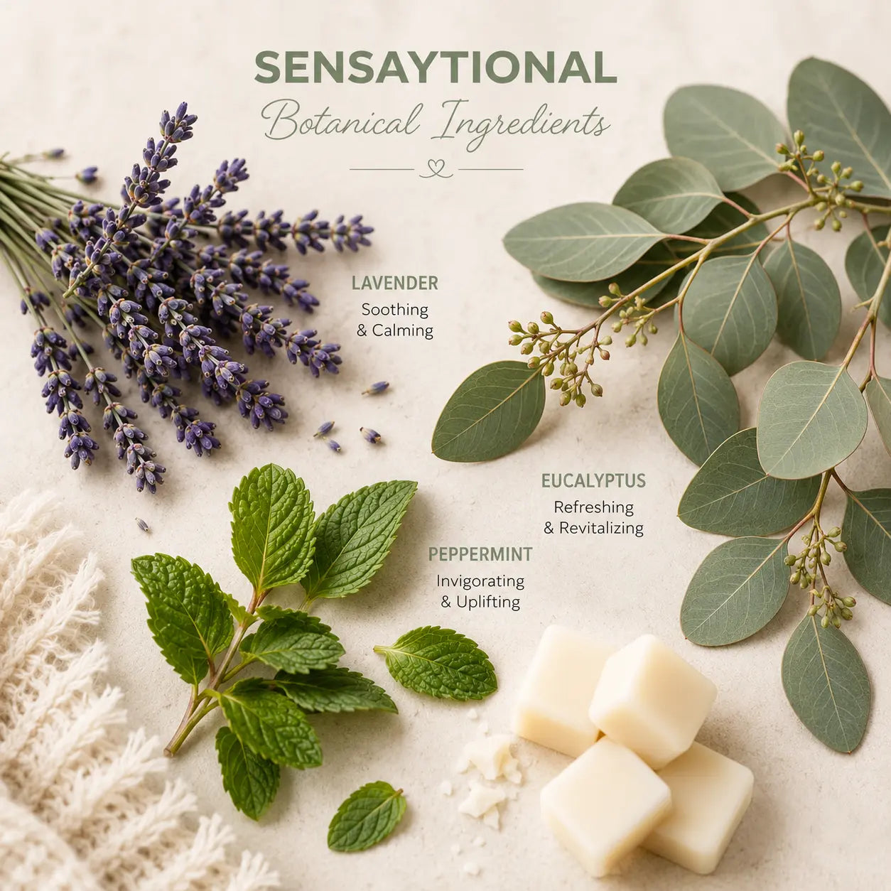Flat lay featuring lavender, eucalyptus leaves, peppermint, and fresh botanicals representing the refreshing fragrance profile of Sensaytional.