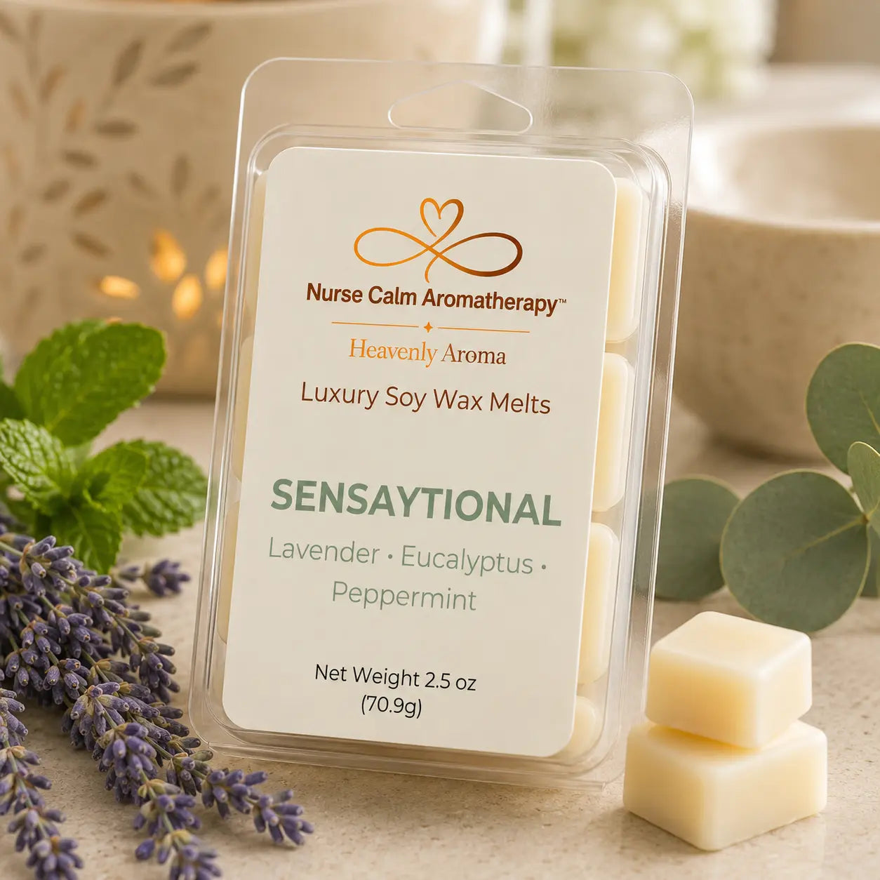 Close-up of Sensaytional Luxury Soy Wax Melts showcasing handcrafted soy wax cubes and elegant premium packaging.