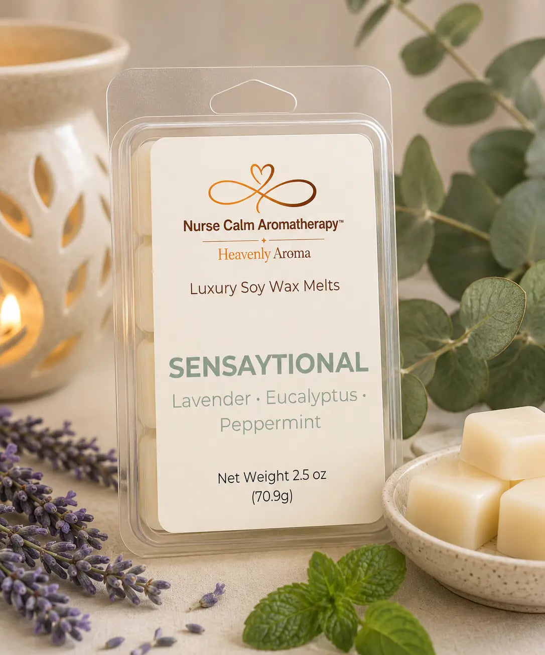 Sensaytional Luxury Soy Wax Melts by Nurse Calm Aromatherapy featuring lavender, eucalyptus, and peppermint fragrance notes in premium clamshell packaging.